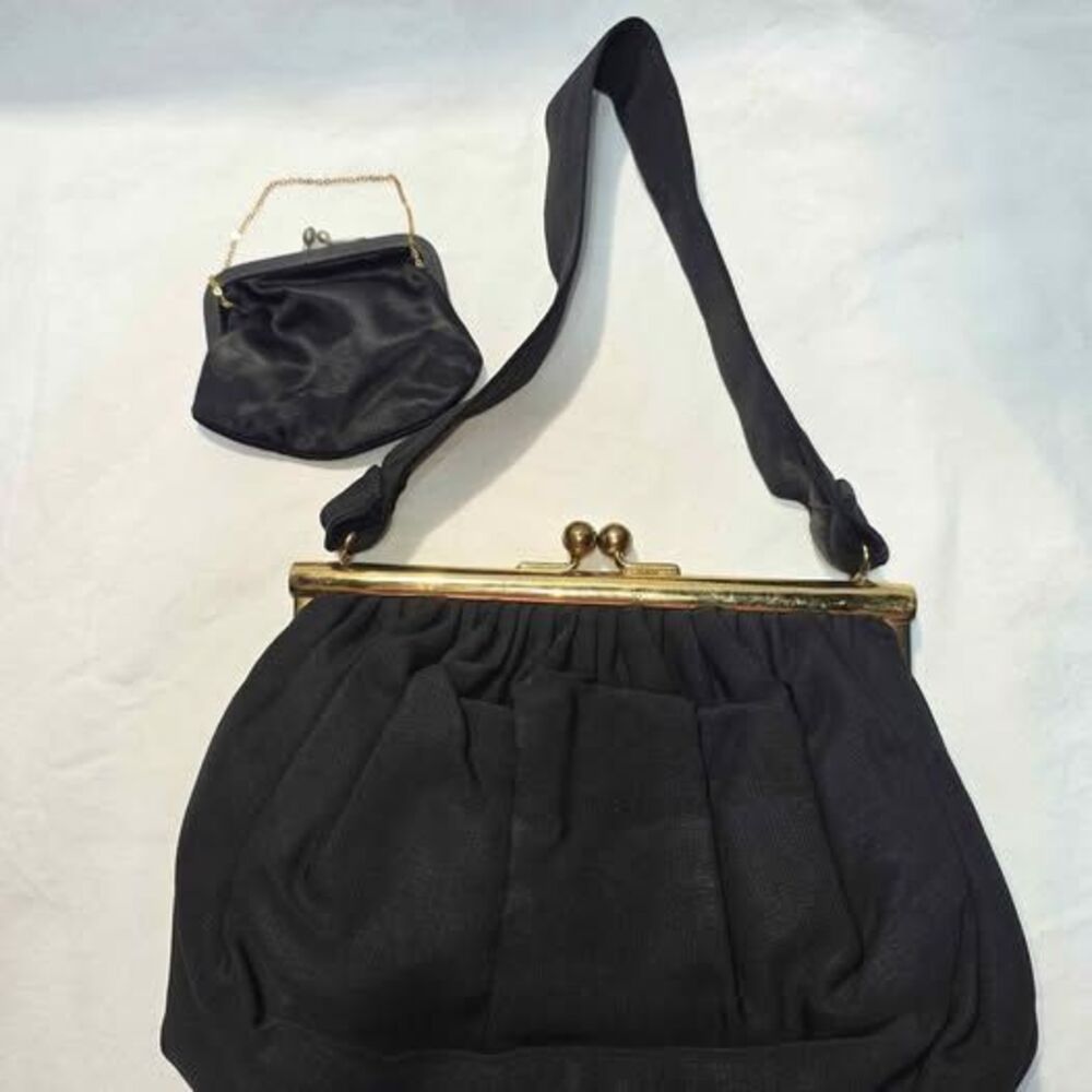 Morris Moskowitz Vintage MM Satin Black Evening Purse coin